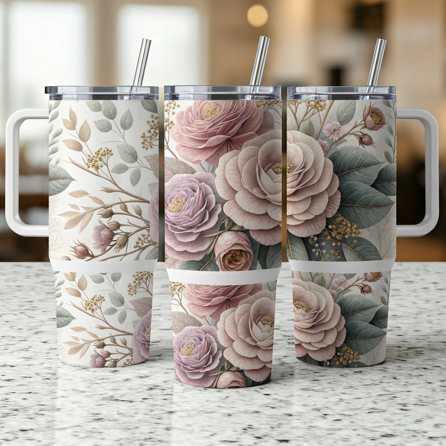 Three tumblers with a floral and botanical pattern of pink roses.