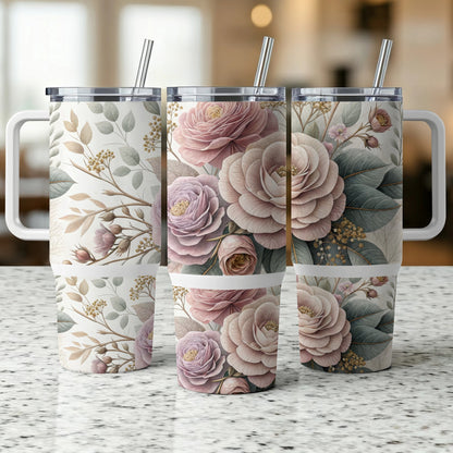 Three tumblers with a floral and botanical pattern of pink roses.