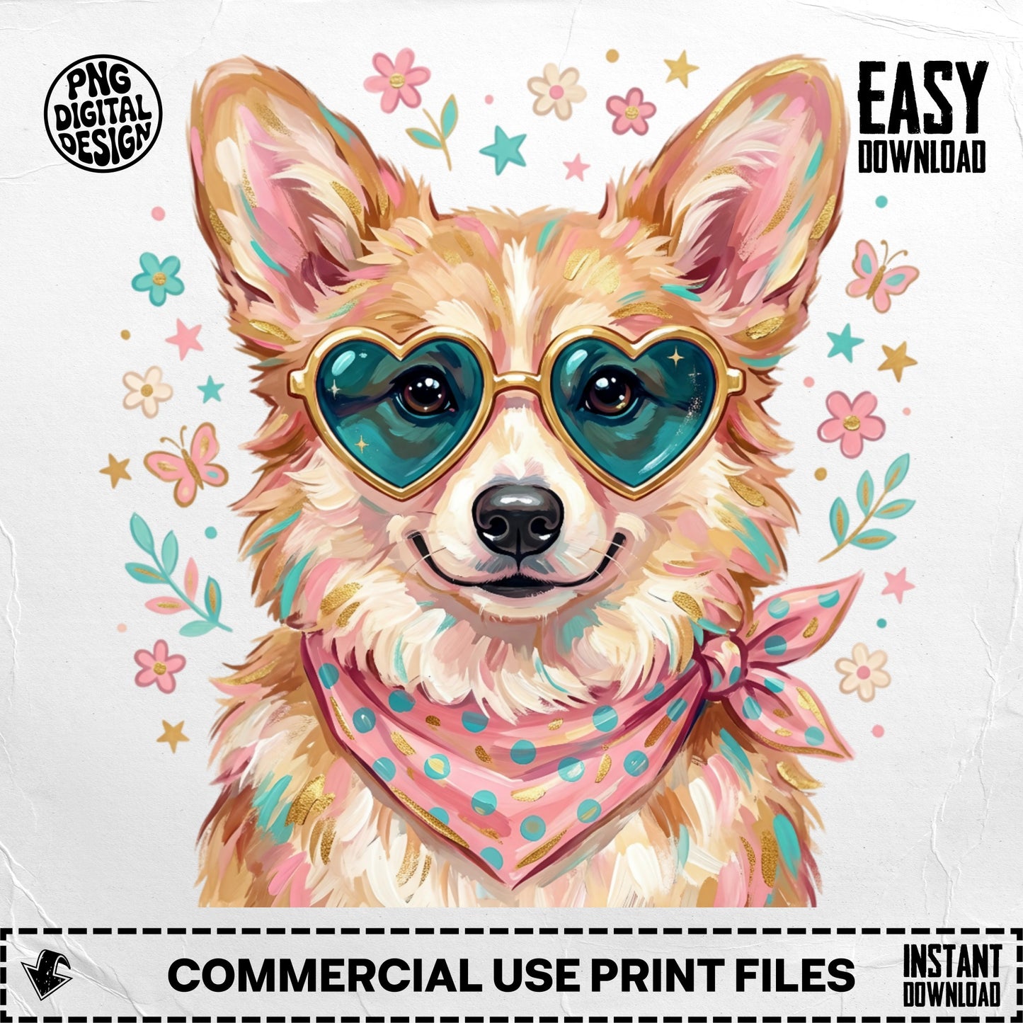 Corgi wearing heart sunglasses and bandana, with flowers and butterflies.