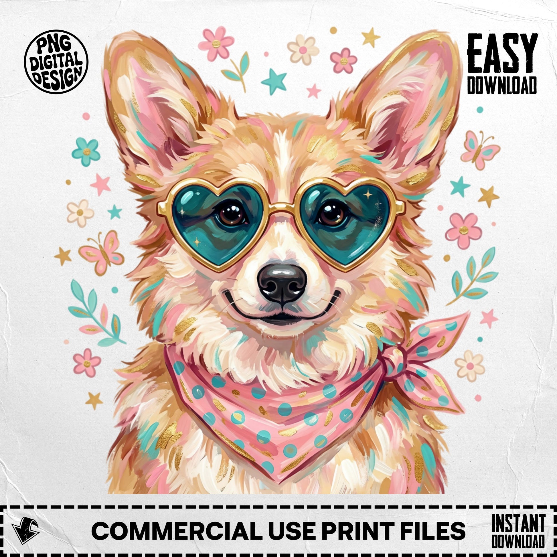 Corgi wearing heart sunglasses and bandana, with flowers and butterflies.