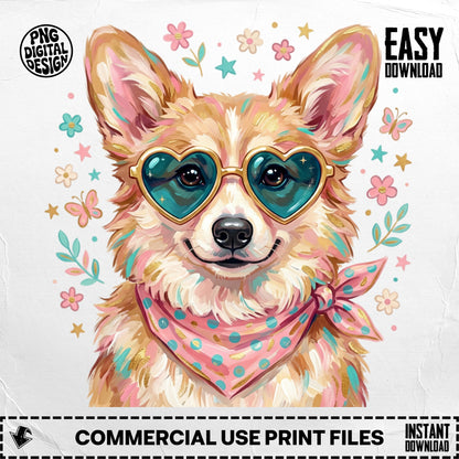 Corgi wearing heart sunglasses and bandana, with flowers and butterflies.