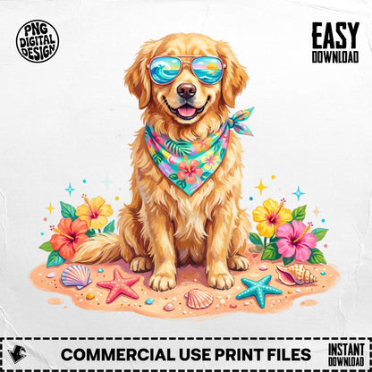 Golden retriever wearing sunglasses and bandana on beach with flowers and shells.