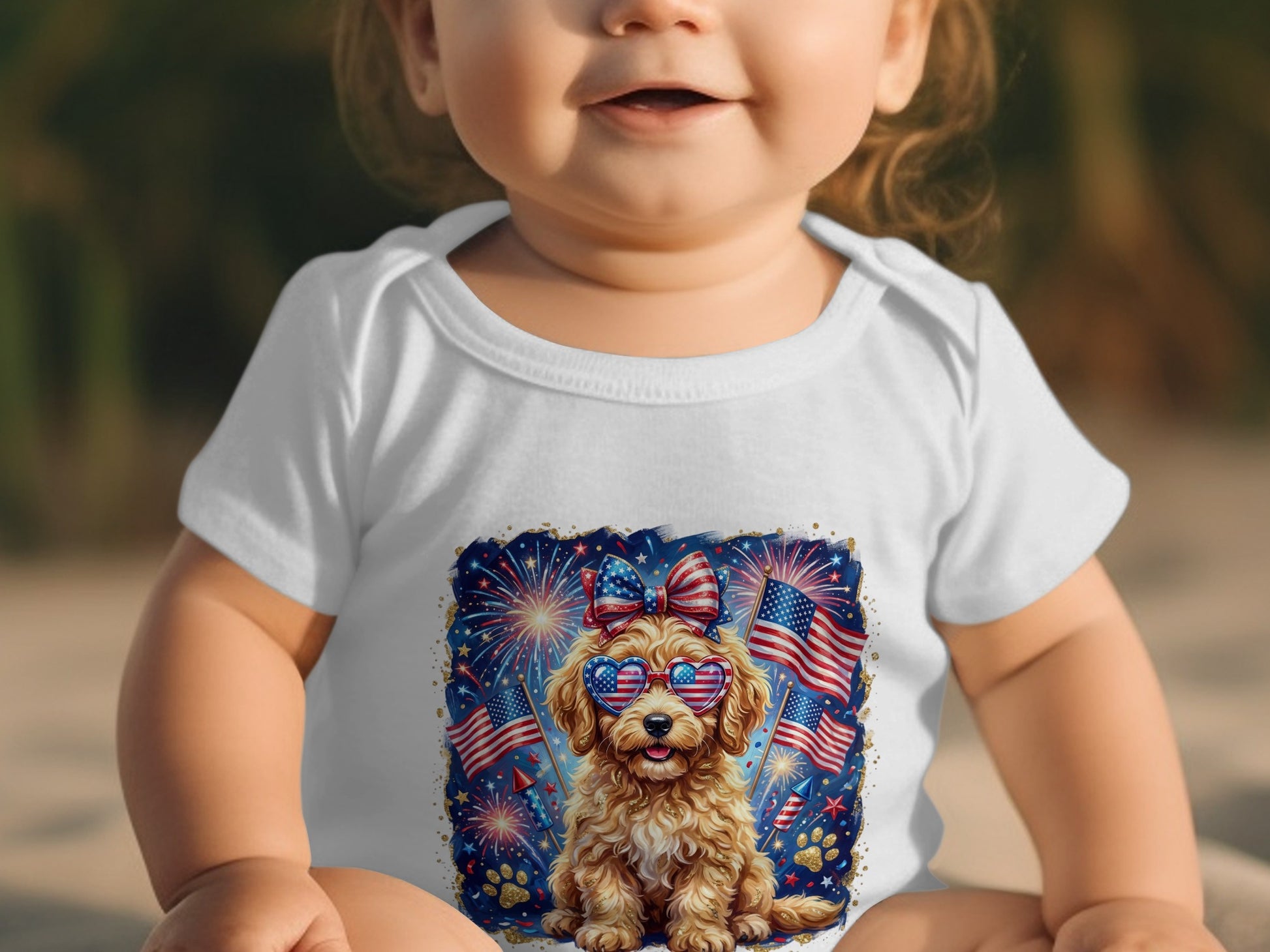 Baby wearing a white bodysuit with a patriotic dog graphic and American flags.