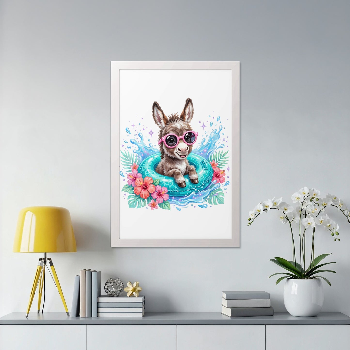 Donkey wearing sunglasses in a blue inner tube with tropical flowers.