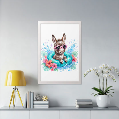 Donkey wearing sunglasses in a blue inner tube with tropical flowers.