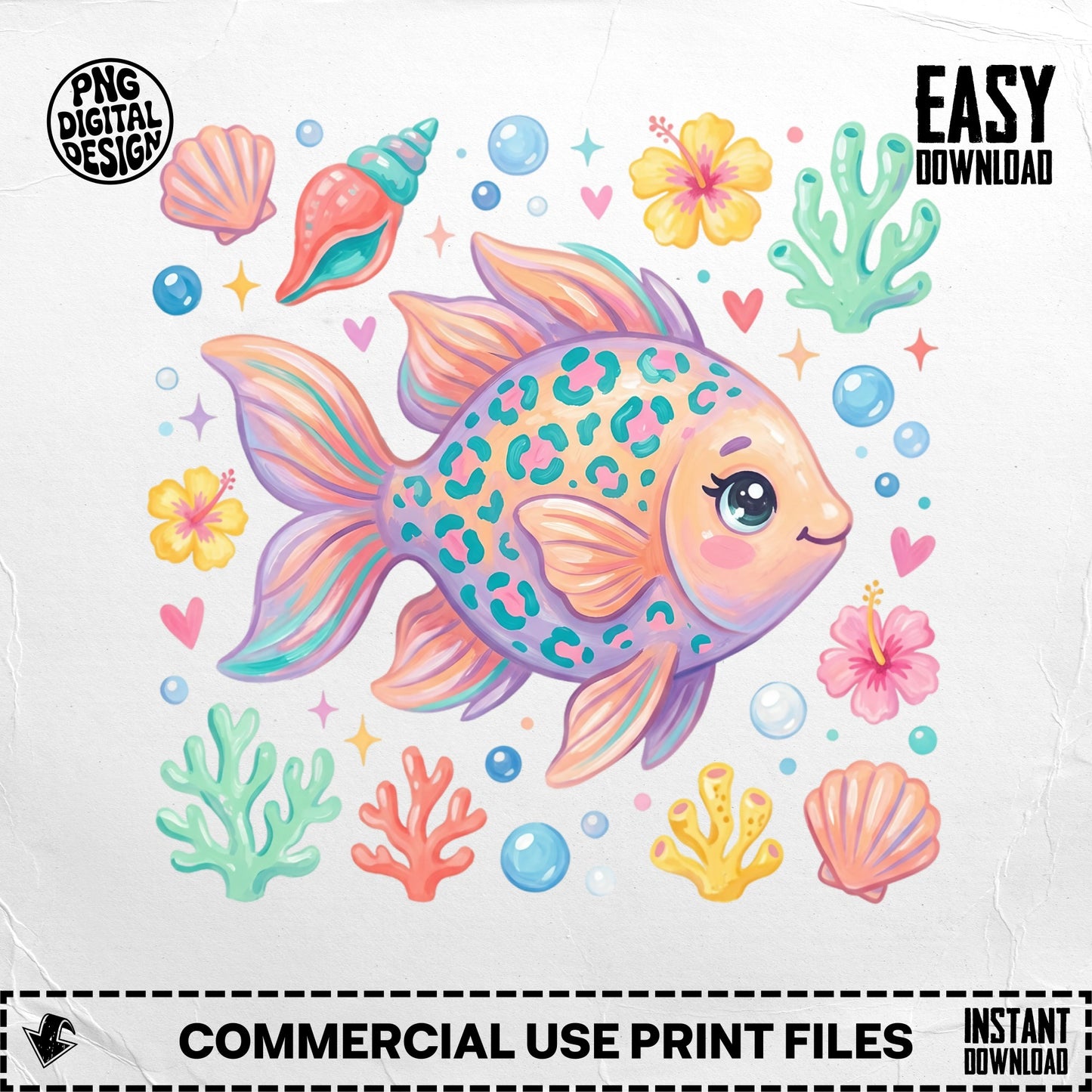 Cartoon goldfish surrounded by seashells, coral, and flowers.
