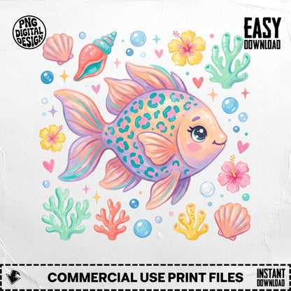 Cartoon goldfish surrounded by seashells, coral, and flowers.