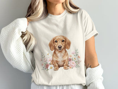 Cream t-shirt with a dachshund and floral design.