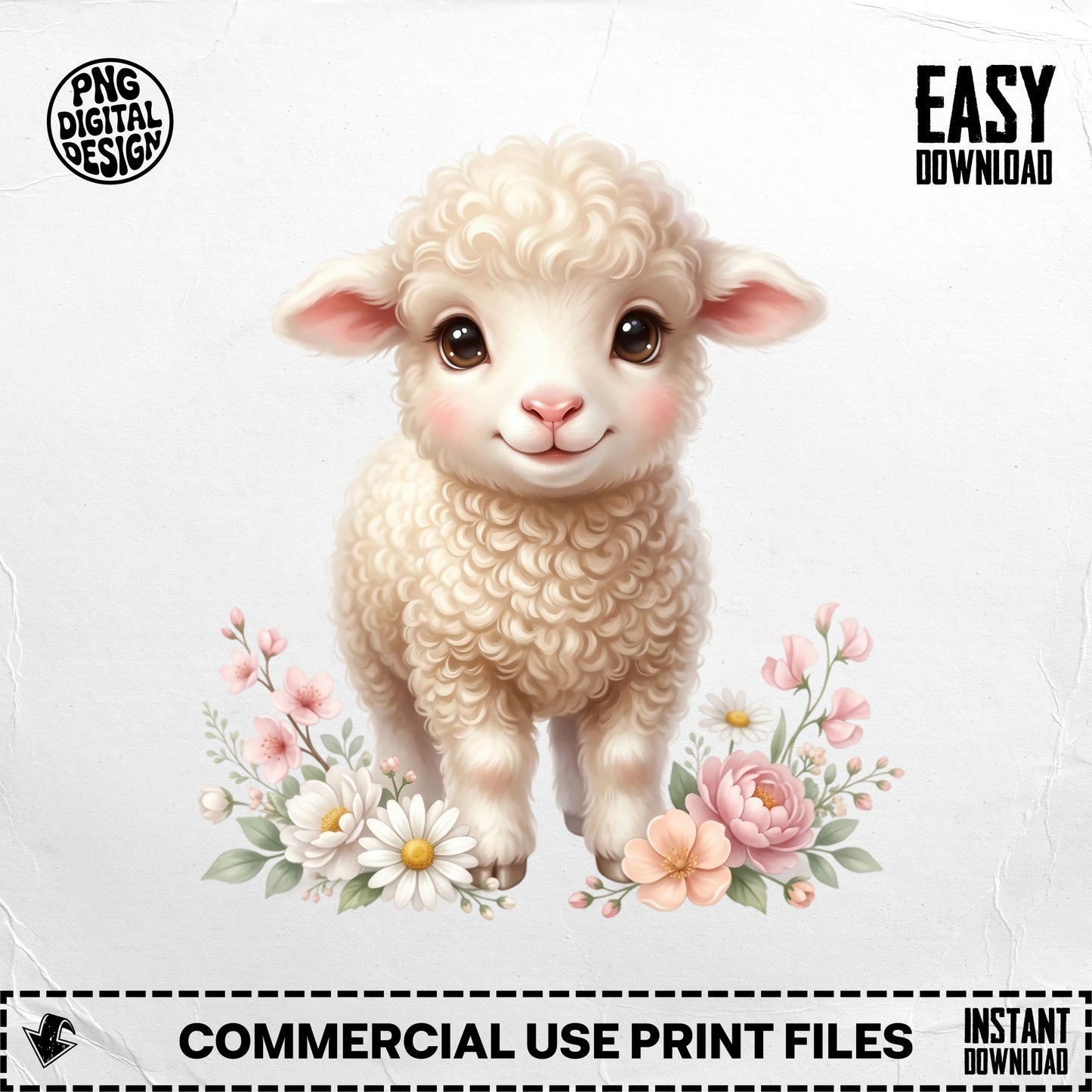 Cute fluffy lamb with flowers, "EASY DOWNLOAD" and "COMMERCIAL USE PRINT FILES" text.