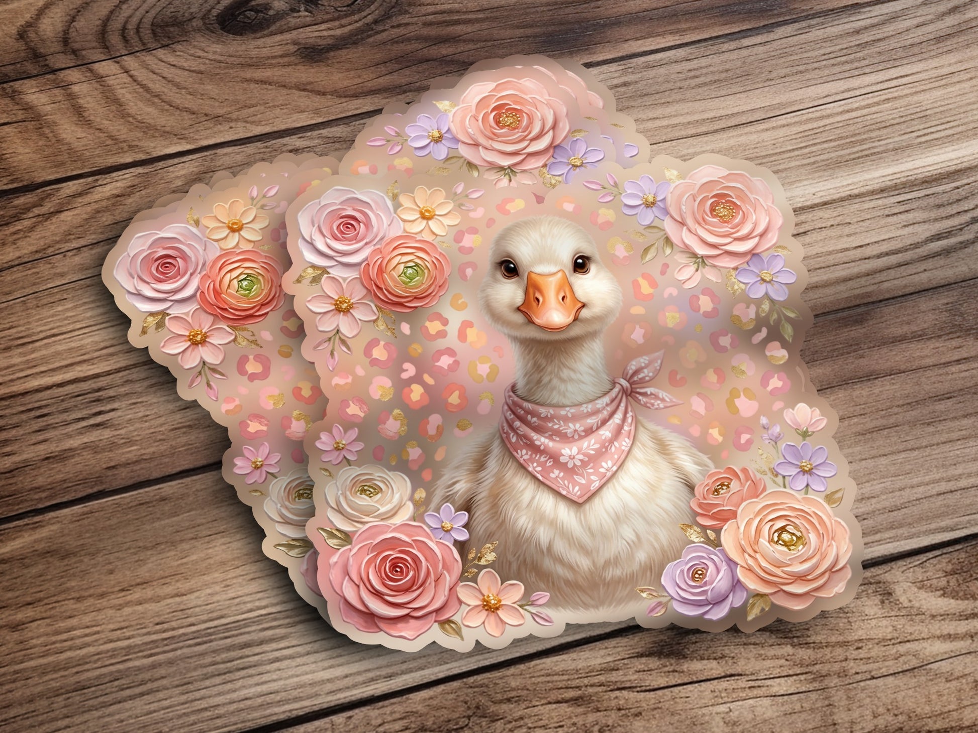 Goose wearing pink bandana surrounded by pastel flowers.
