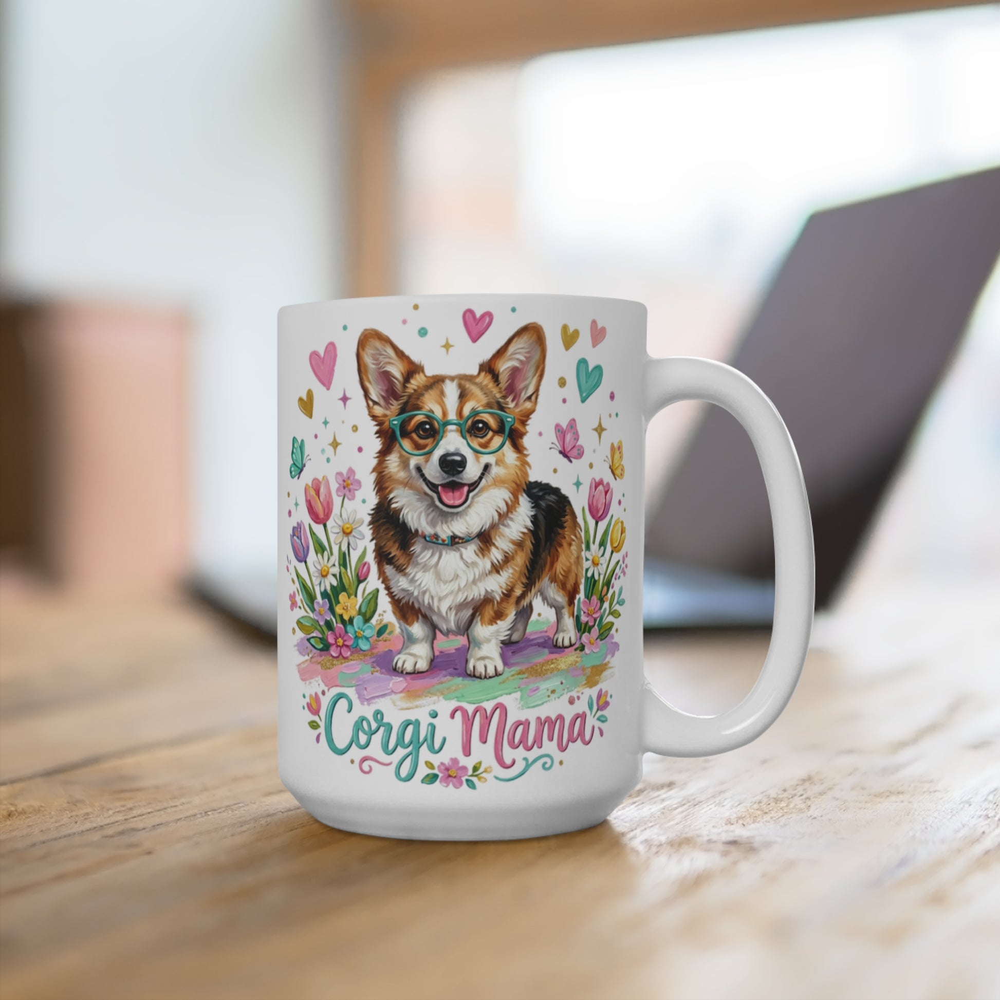 White mug with a smiling corgi wearing glasses and the text "Corgi Mama".