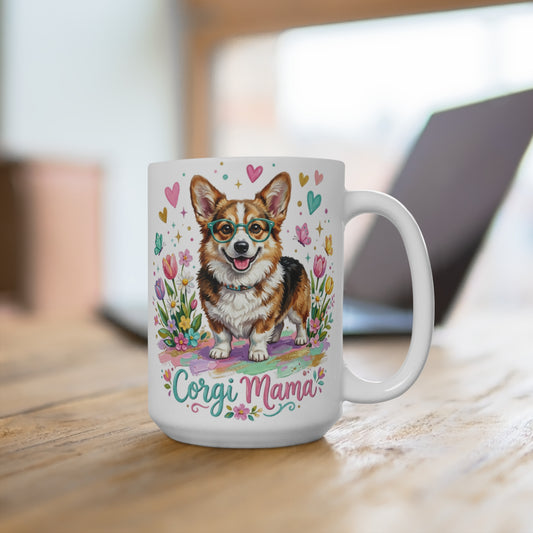 White mug with a smiling corgi wearing glasses and the text "Corgi Mama".