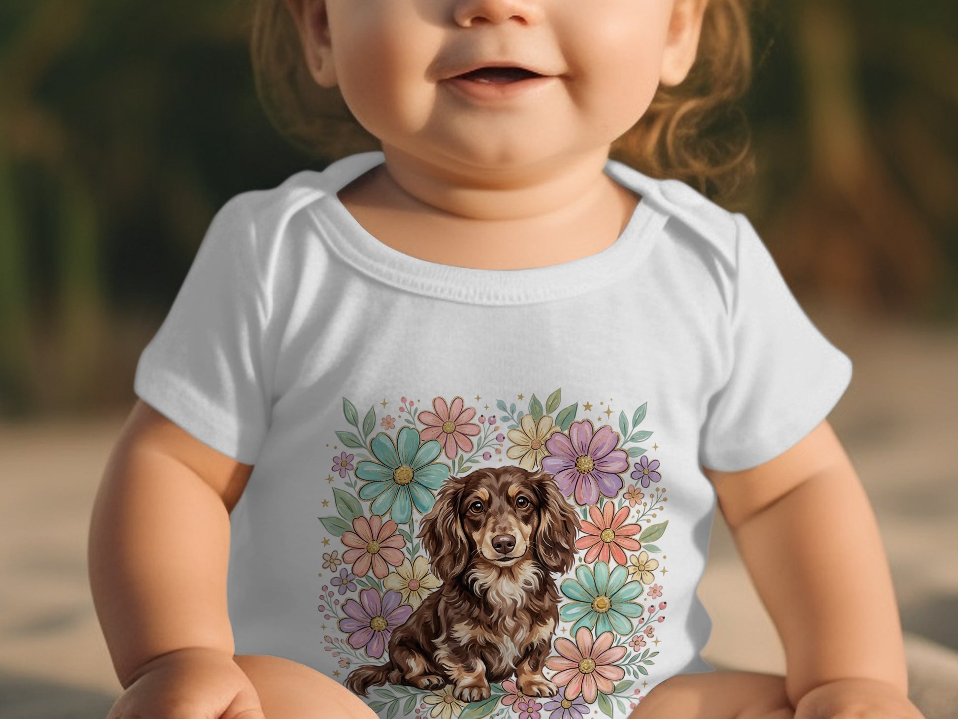 Baby wearing white bodysuit with dachshund and floral print.
