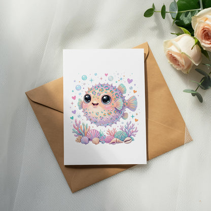 Cute pufferfish with shells and hearts on a card.