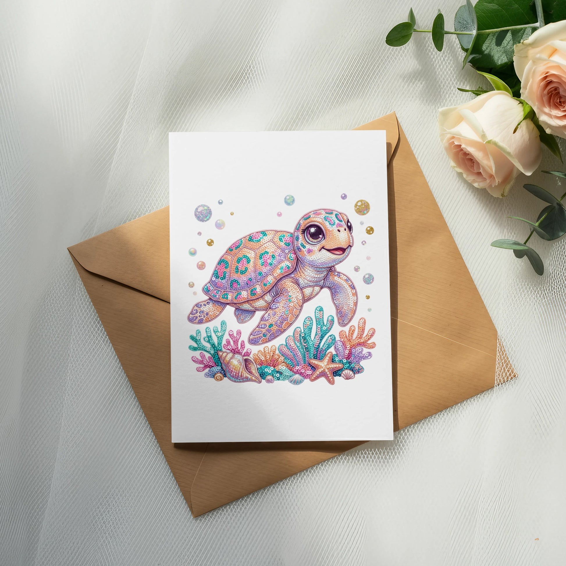 Illustrated turtle with colorful shell on greeting card over envelope.