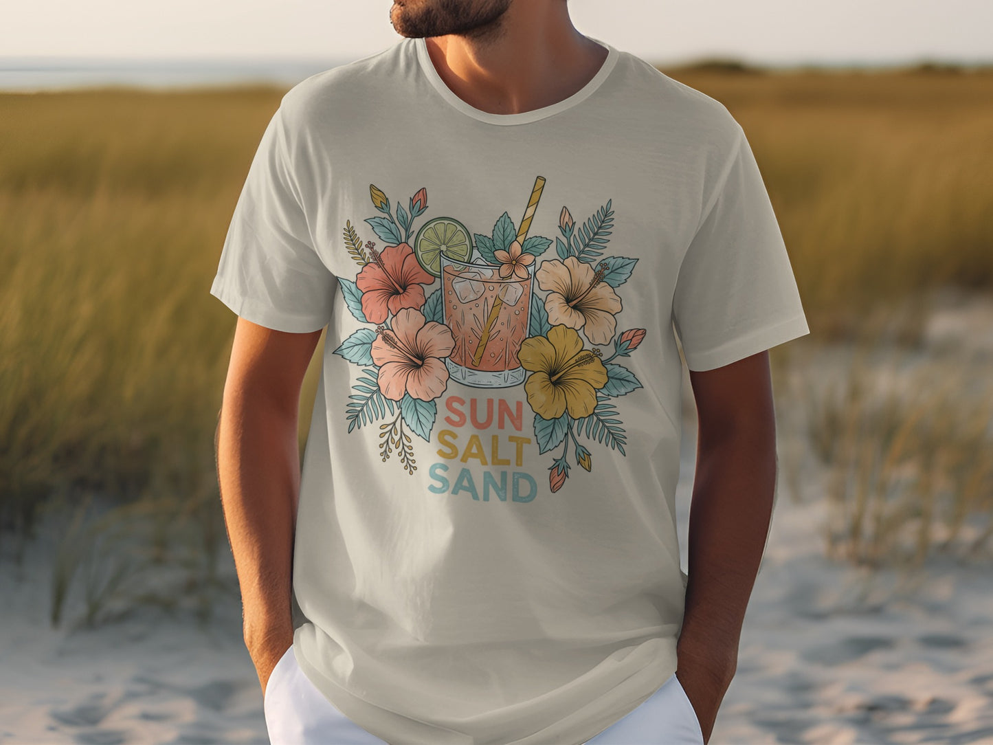 Light gray t-shirt with colorful floral and fruit graphic and text.
