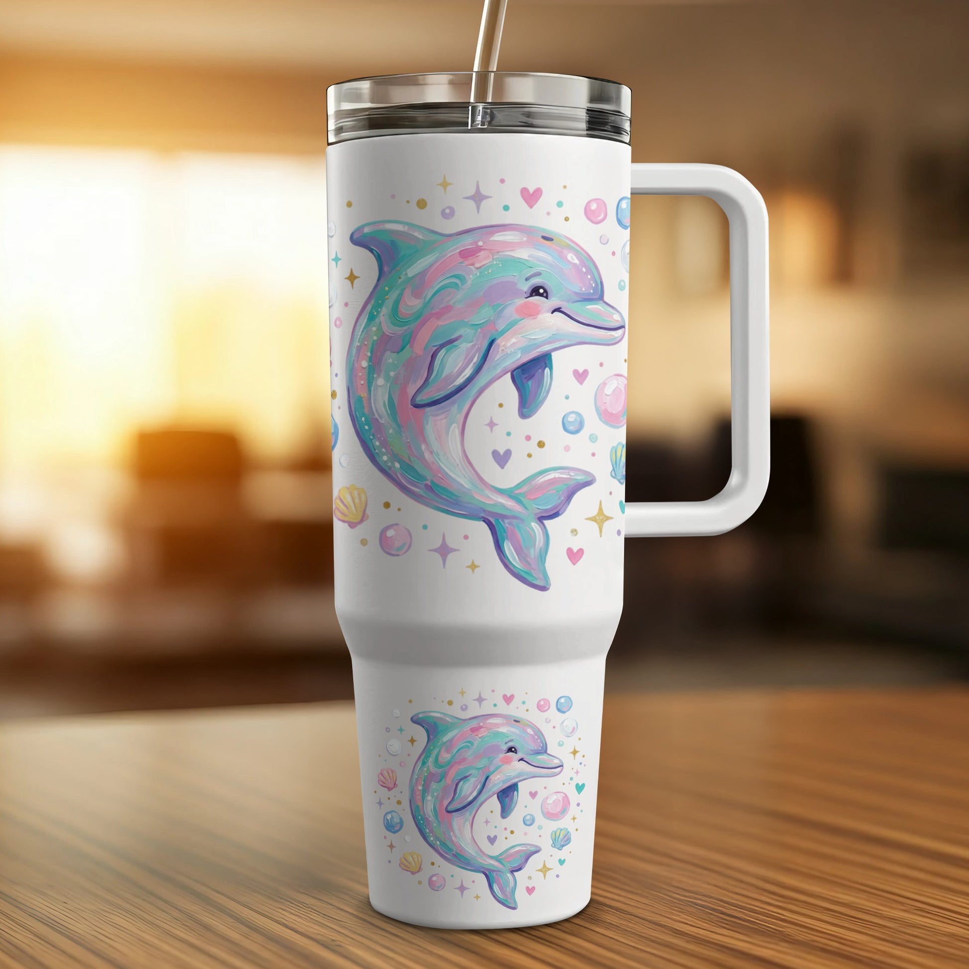 White travel mug with pastel dolphin design and bubbles.