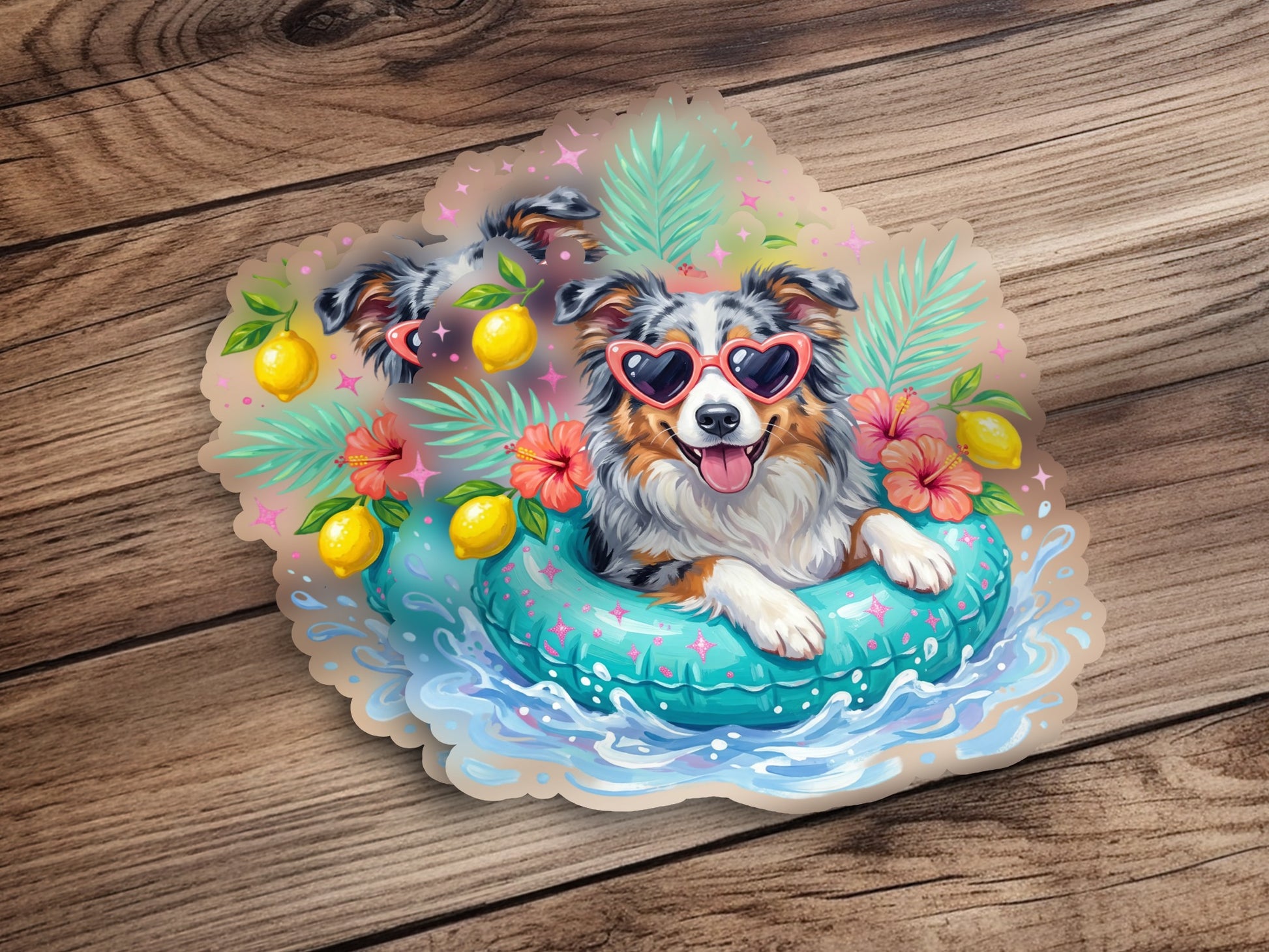 Australian Shepherd with heart sunglasses floats on a pool ring.