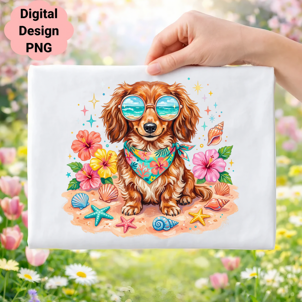 Dachshund wearing sunglasses and bandana on beach with shells and flowers.