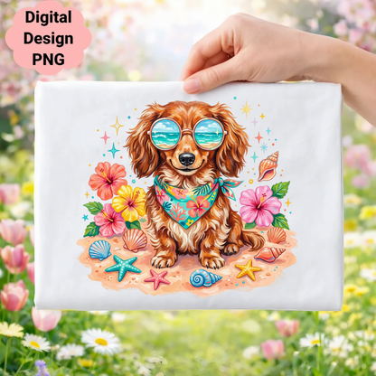Dachshund wearing sunglasses and bandana on beach with shells and flowers.