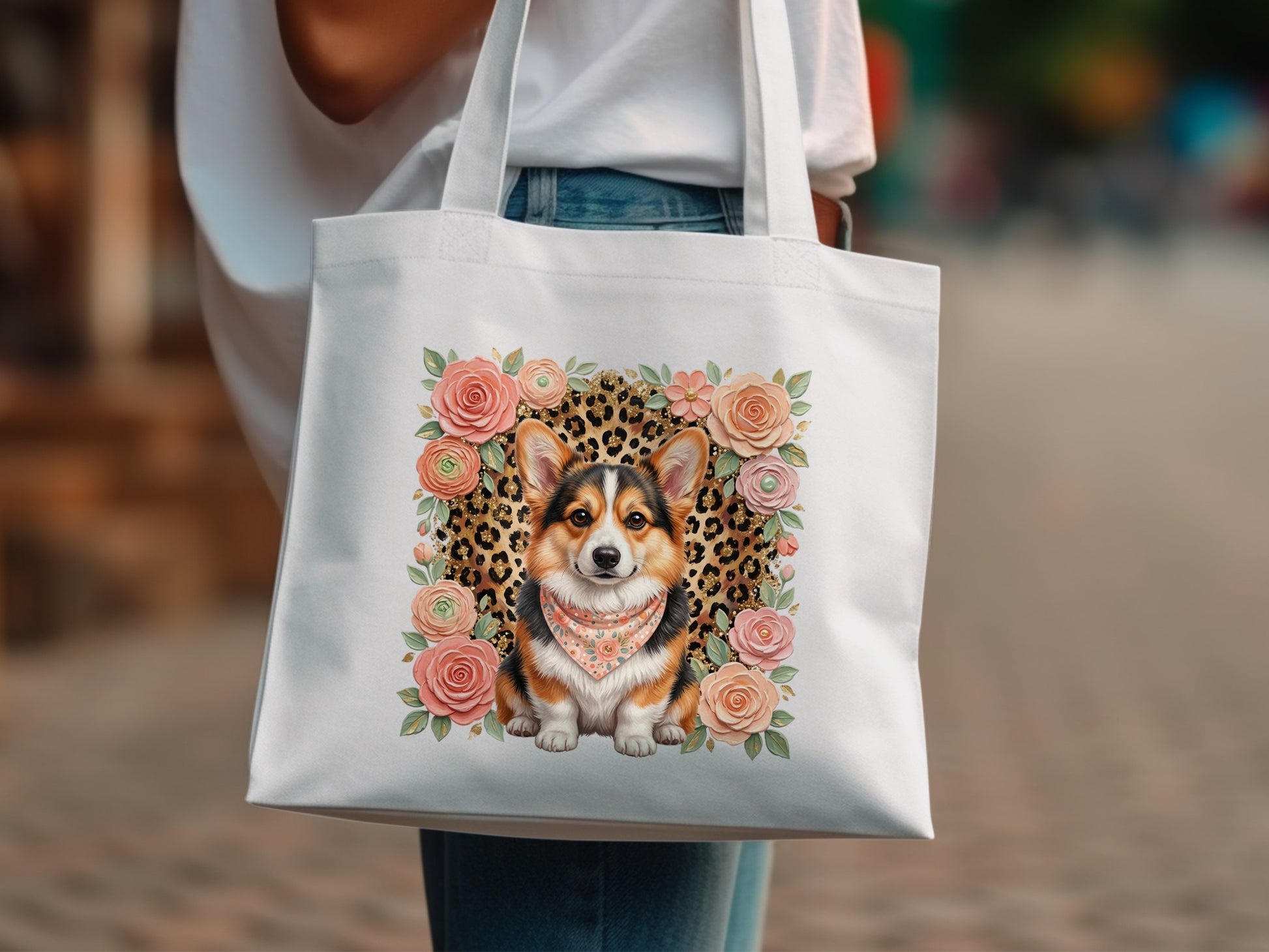 White tote bag featuring a corgi surrounded by roses and leopard print.