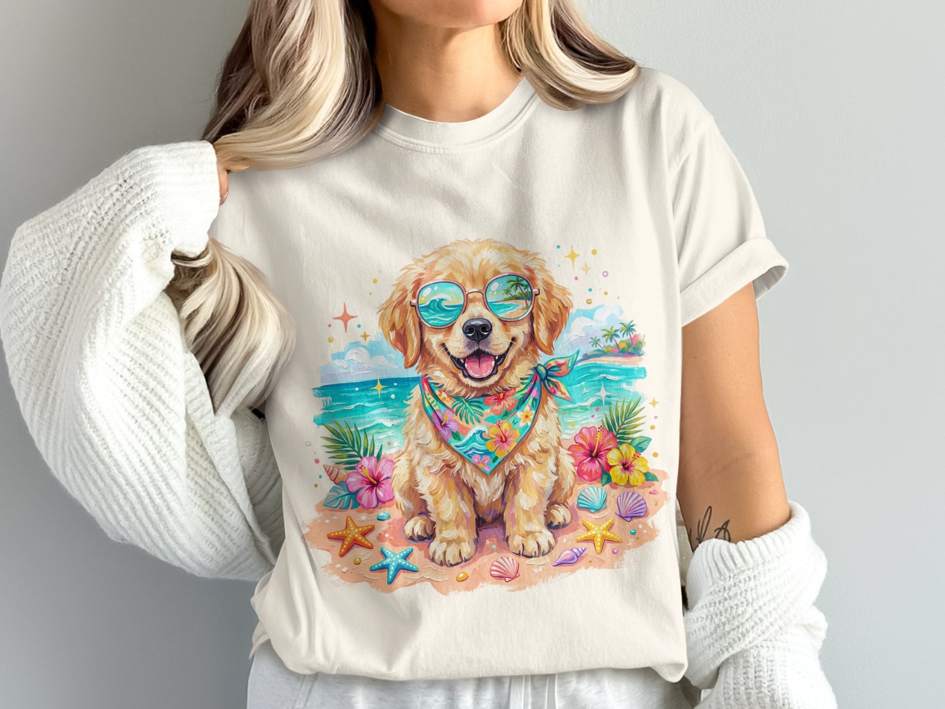 Golden retriever wearing sunglasses and bandana on a beach with seashells and flowers.