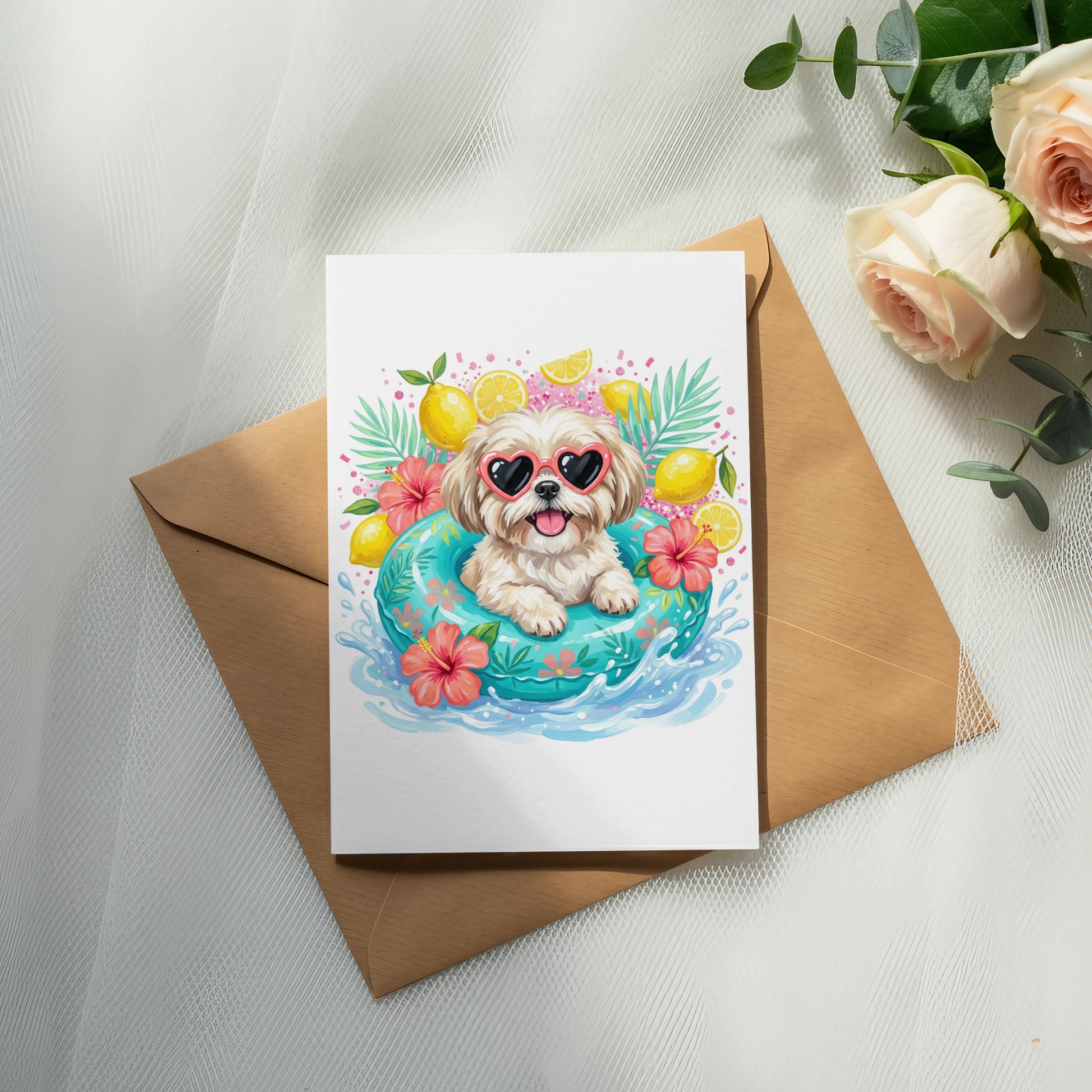 Fluffy white dog in heart sunglasses floats in a tropical pool.