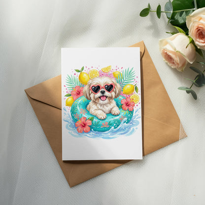 Fluffy white dog in heart sunglasses floats in a tropical pool.