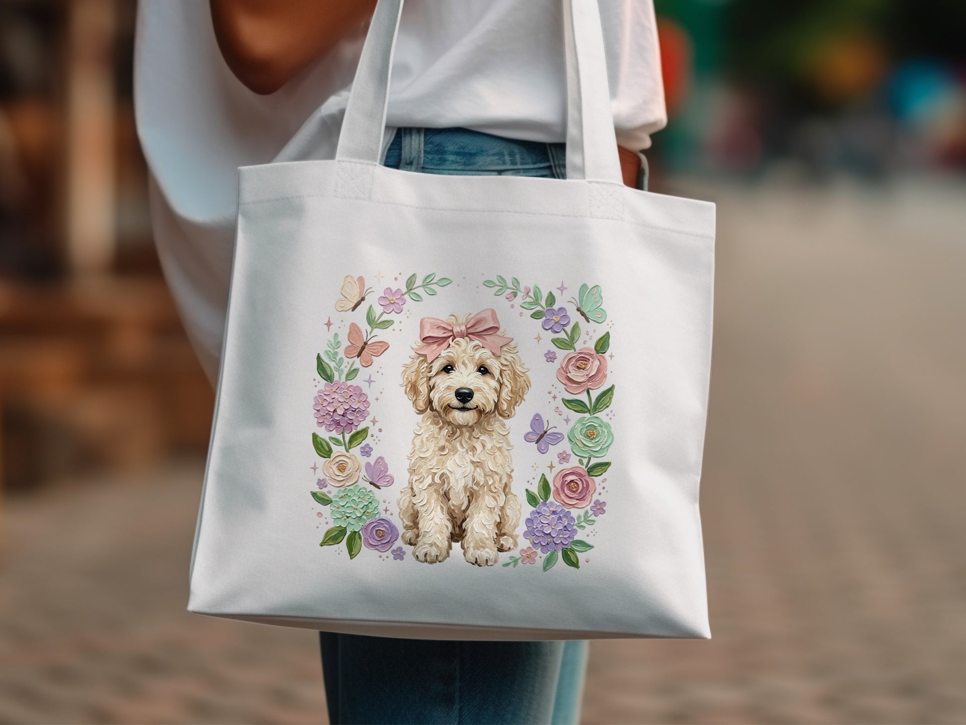 Tote bag with a white dog in a floral wreath and butterflies.
