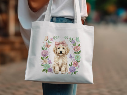 Tote bag with a white dog in a floral wreath and butterflies.