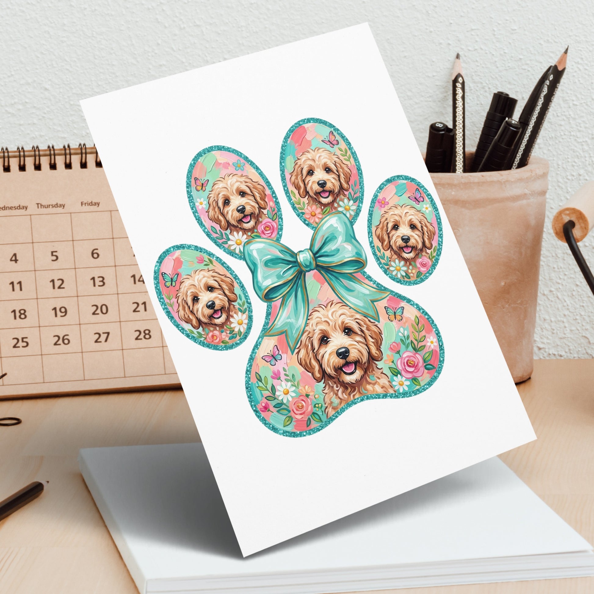 Greeting card featuring a dog paw print with butterflies and flowers.