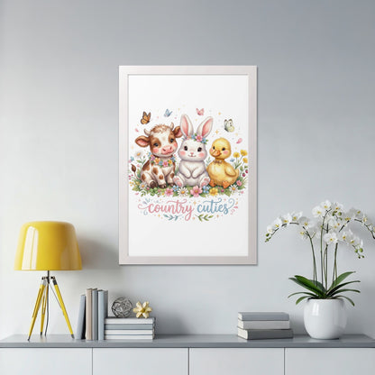 Watercolor illustration of a cow, bunny, and duckling with "Country Cuties" text.
