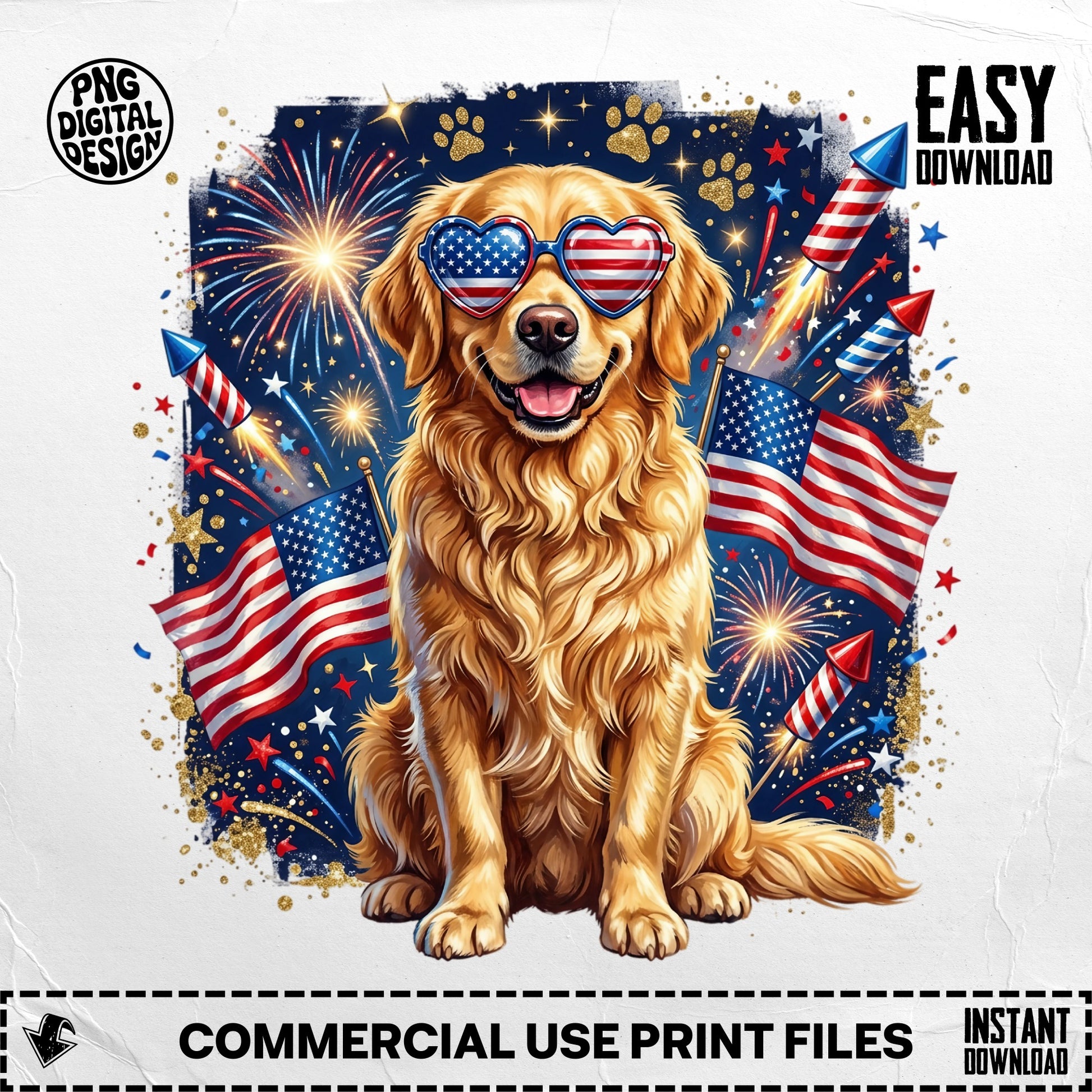 Golden Retriever wearing heart sunglasses with American flags and fireworks.