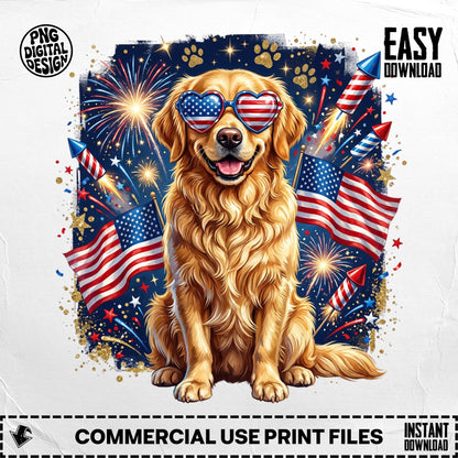 Golden Retriever wearing heart sunglasses with American flags and fireworks.