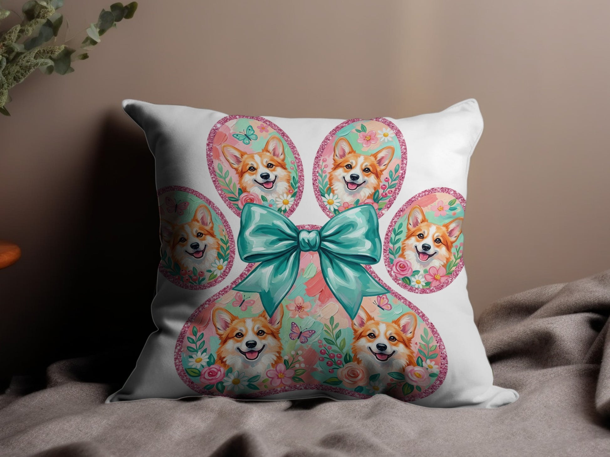 Corgi paw print design with bow, flowers, and butterflies on a white pillow.