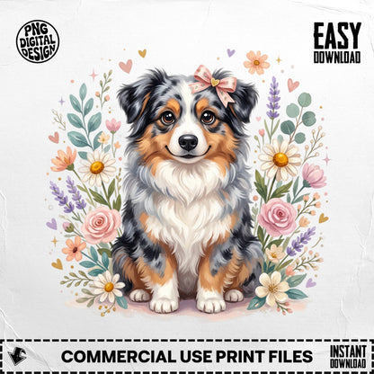 Australian Shepherd dog with floral wreath and bow, "Easy Download" text.