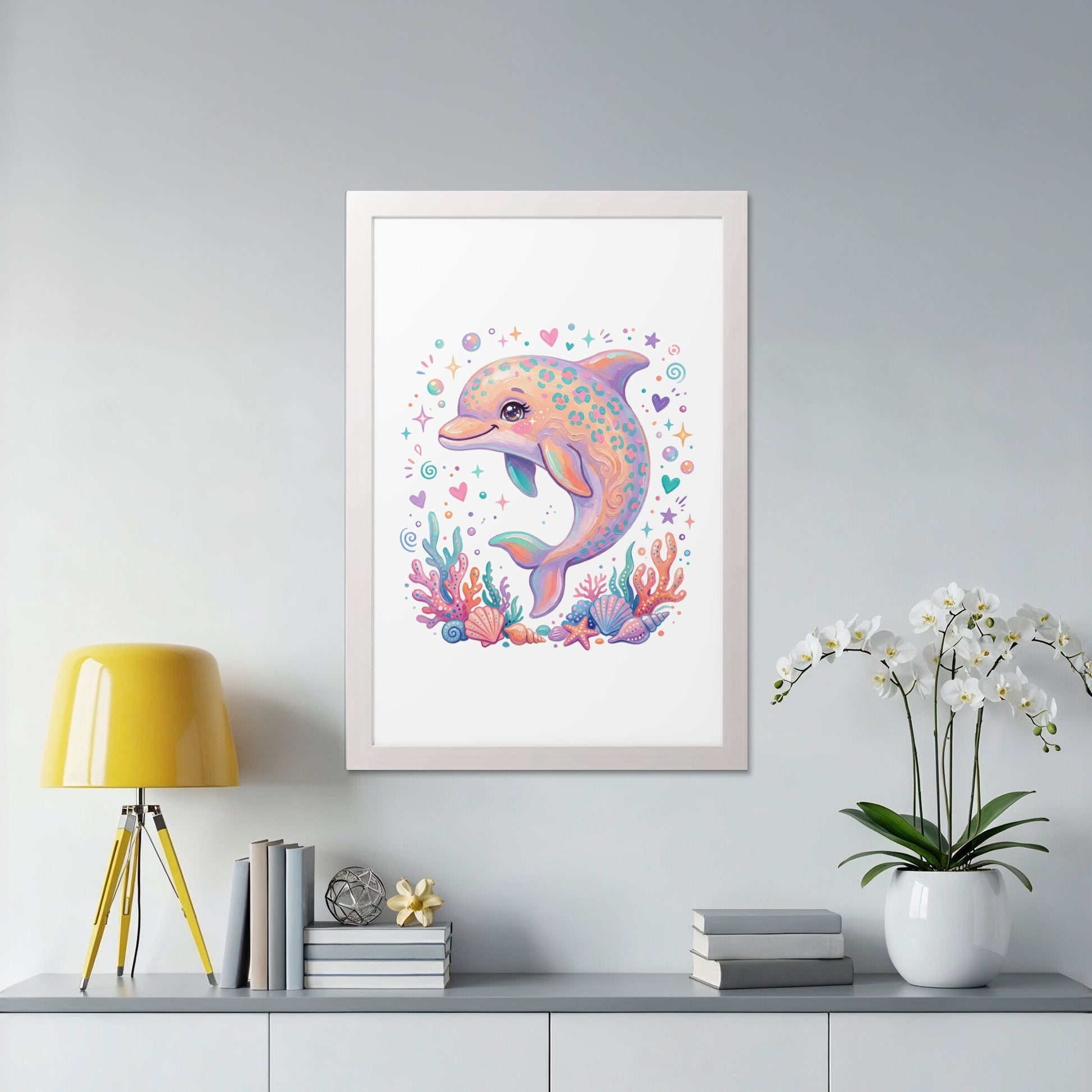 Colorful cartoon dolphin with seashells and coral in a framed print.