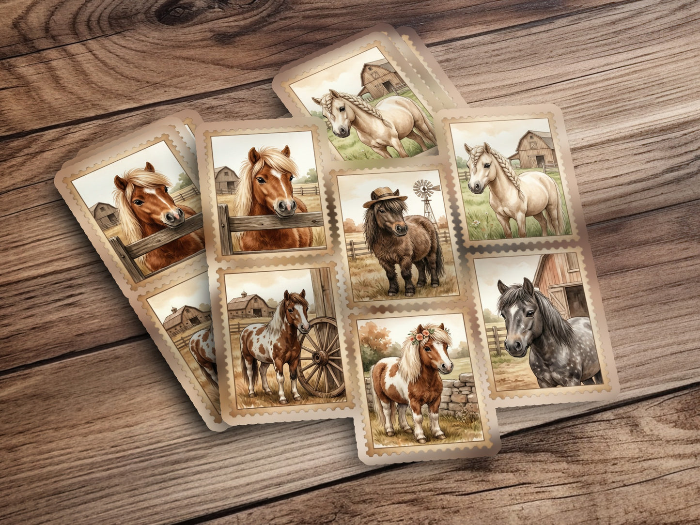 Collection of postage stamps featuring various horse illustrations on a wooden surface.