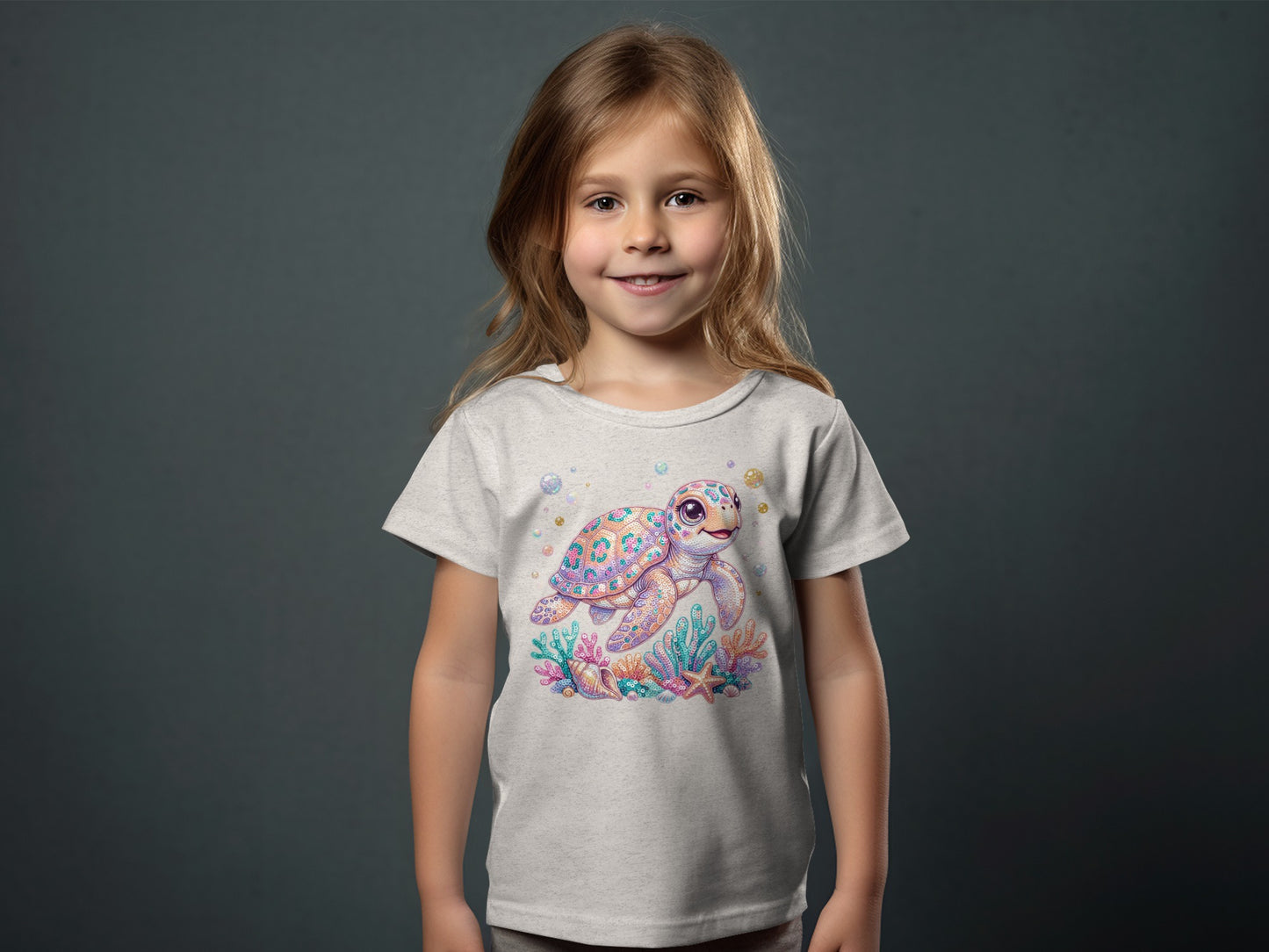 Young girl in gray t-shirt with colorful sea turtle graphic.