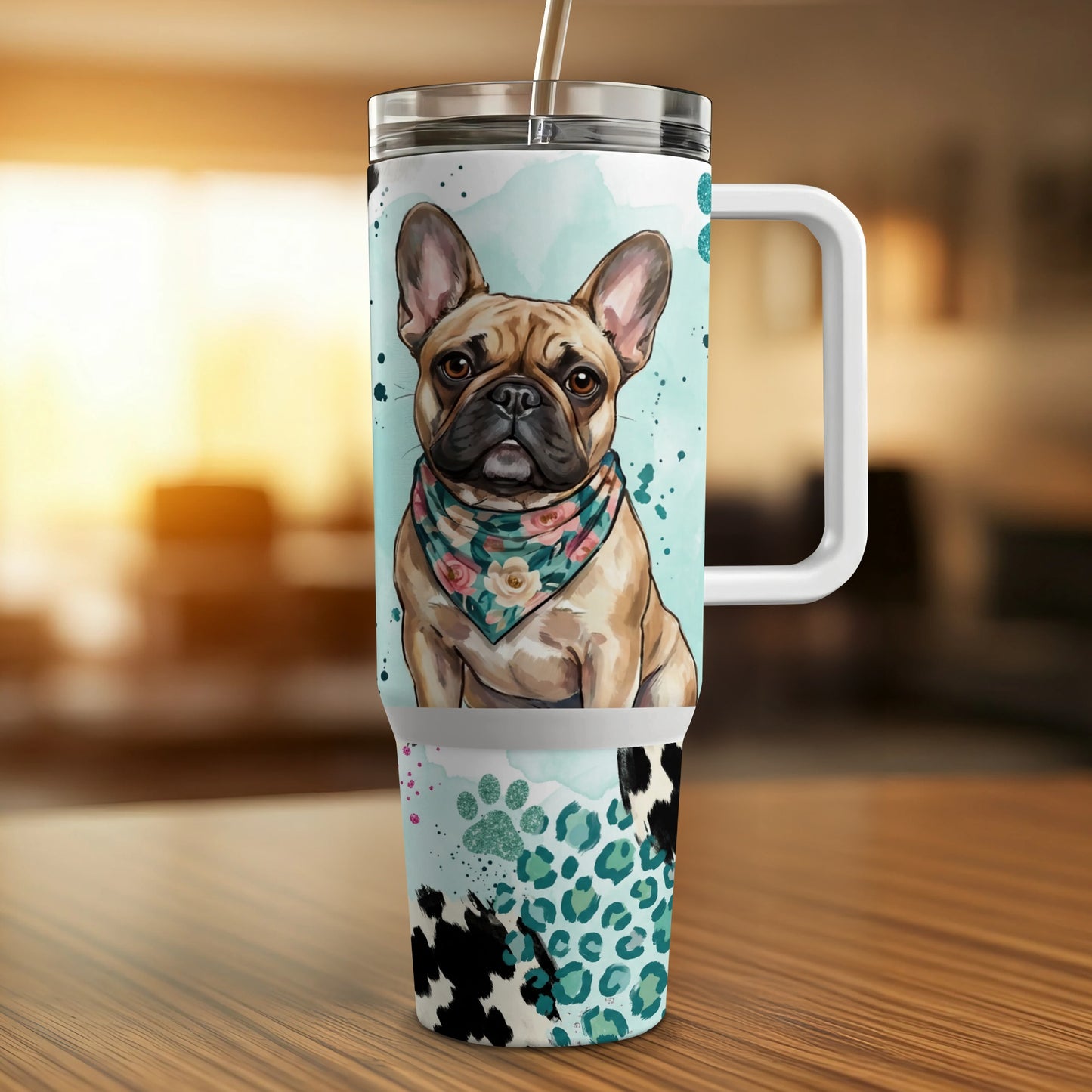 French bulldog with floral bandana on a patterned tumbler.