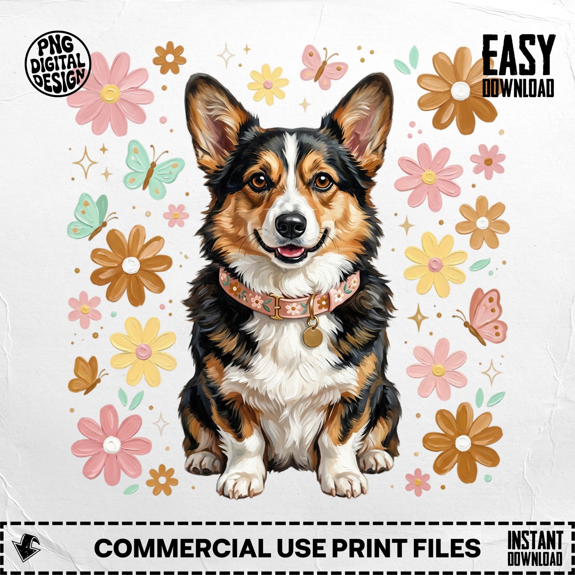 Corgi with flowers and butterflies, "Easy Download," "Commercial Use Print Files."