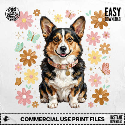 Corgi with flowers and butterflies, "Easy Download," "Commercial Use Print Files."