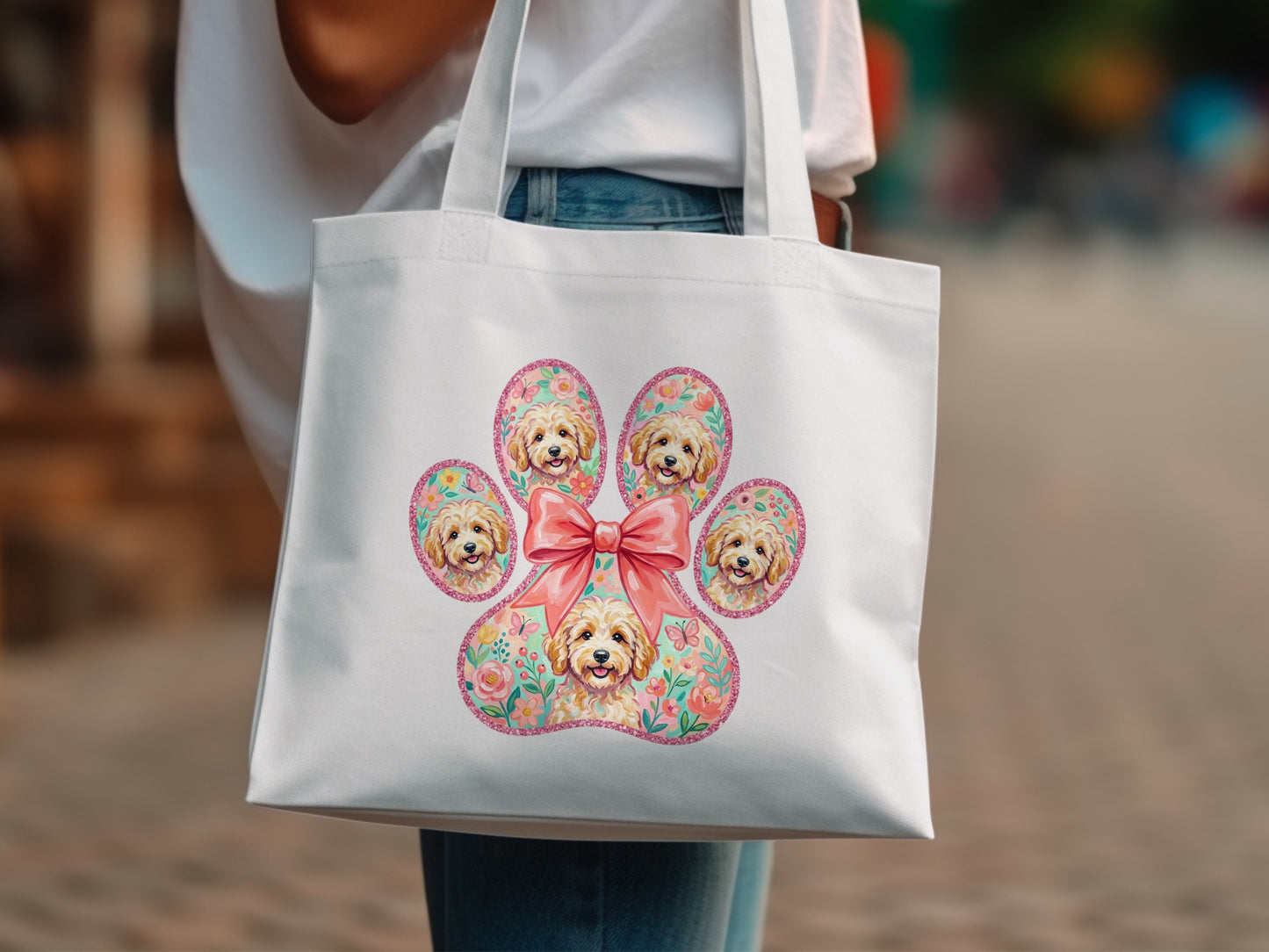 White tote bag with a pink bow and five dog faces in a paw print.