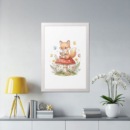 Cute fox in glasses reading a book on a mushroom with butterflies.