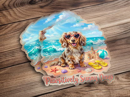 Dachshund wearing heart sunglasses on beach with text "Pawsitively Sunny Days."