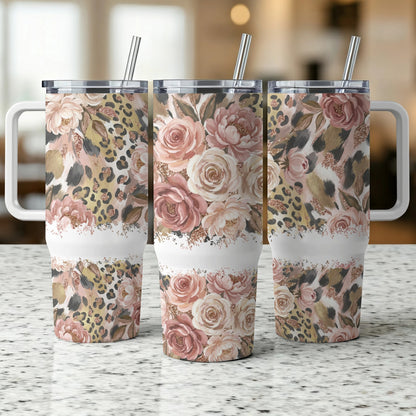 Three tumblers with floral and leopard print designs.