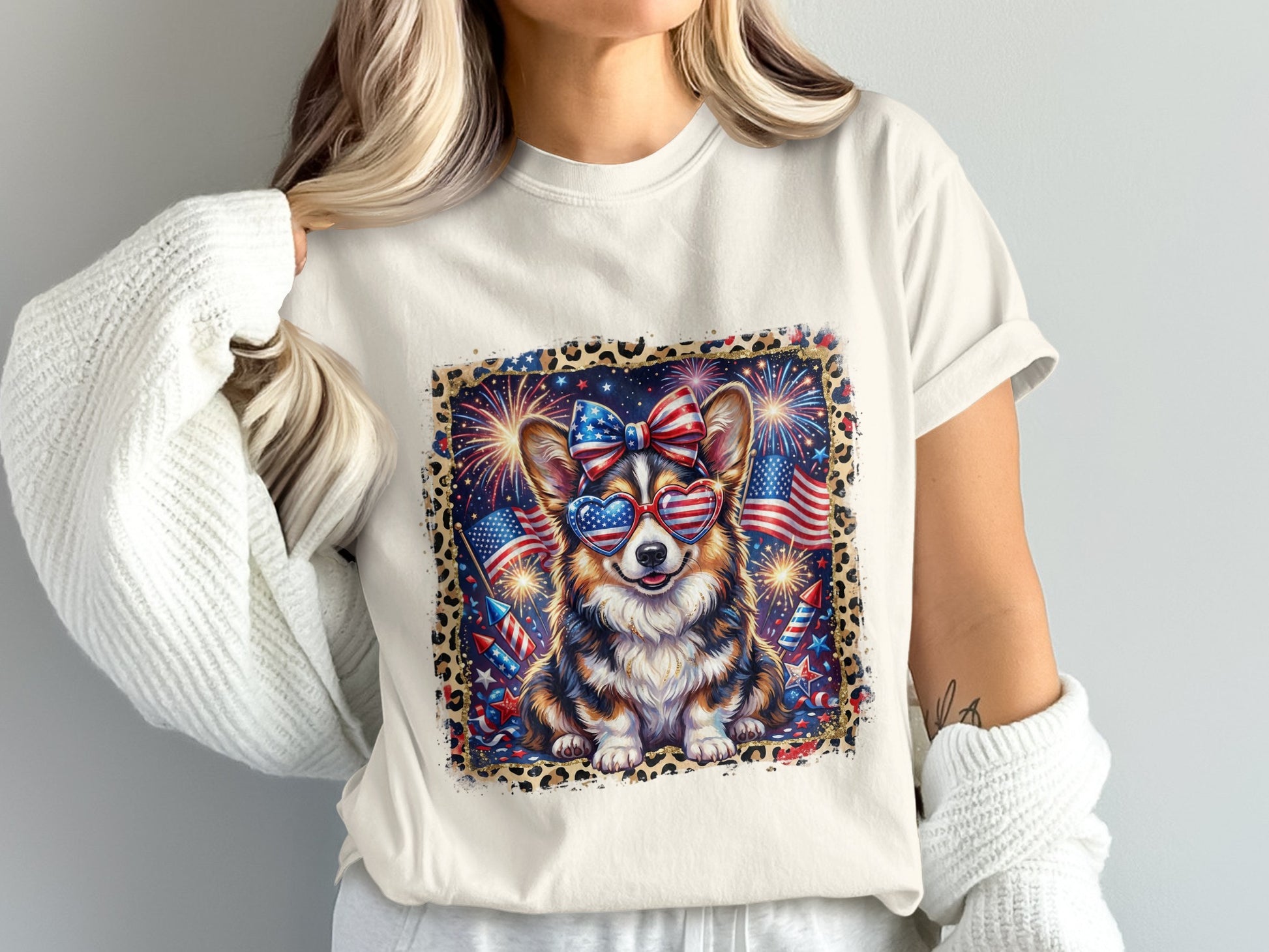 Corgi wearing patriotic sunglasses and bow with fireworks background.