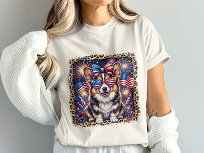 Corgi wearing patriotic sunglasses and bow with fireworks background.