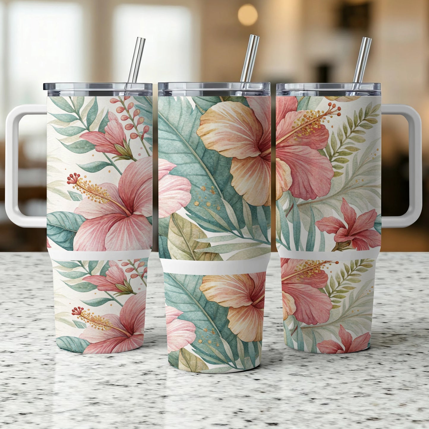 Three tumblers with hibiscus flowers and tropical leaves design.