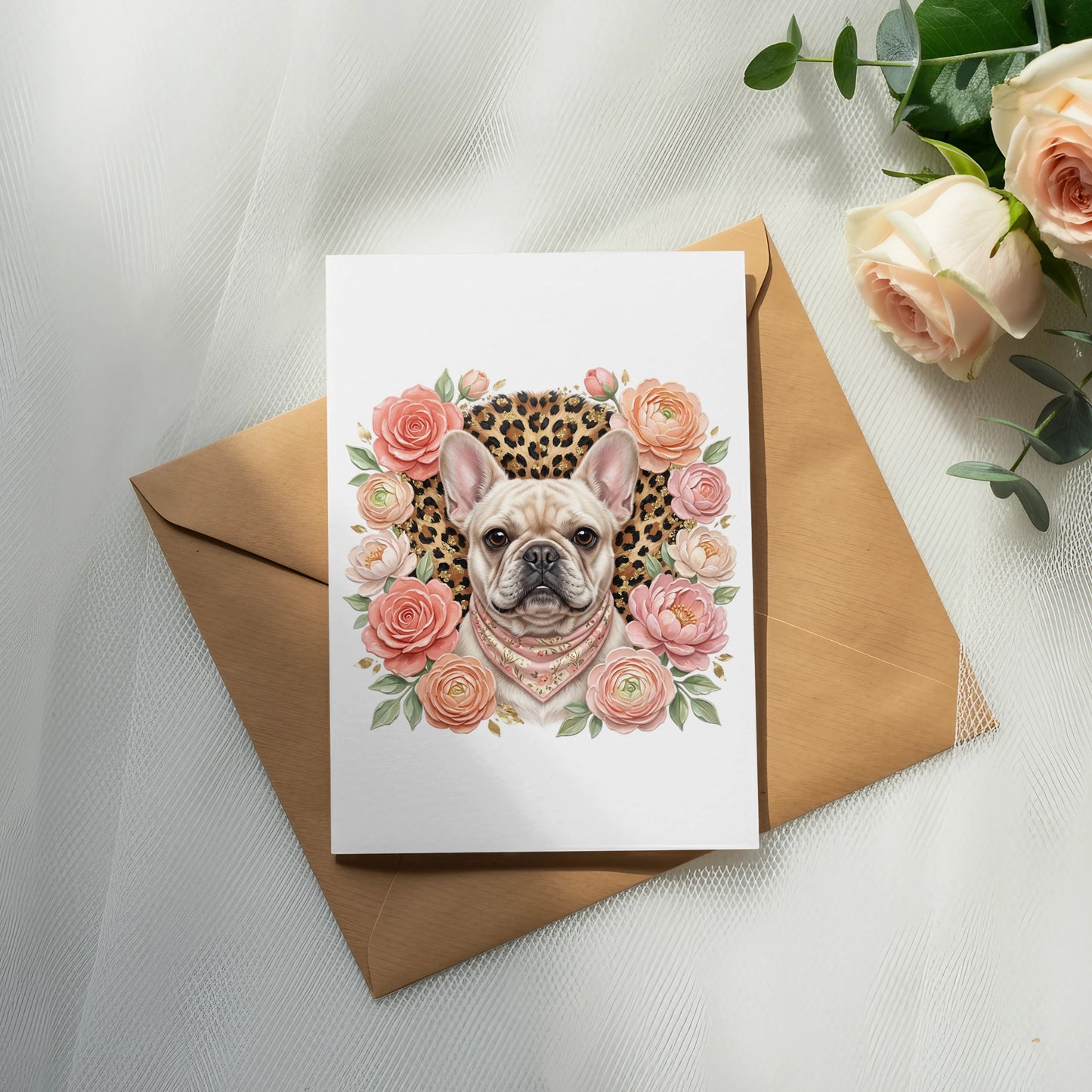 French bulldog illustration surrounded by roses and leopard print on an open envelope.